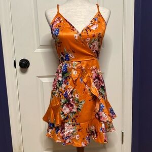 Band of Gypsies orange floral ruffle dress, size S, soft and flowy